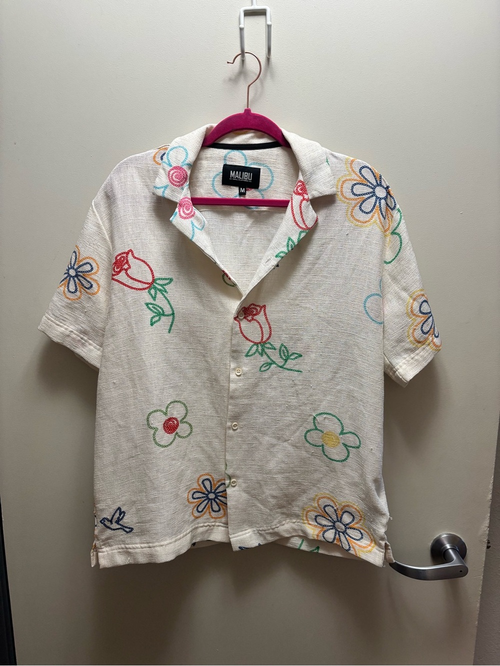 Malibu Cream Short-Sleeve Button-Down with Multicolor Floral Embroidery